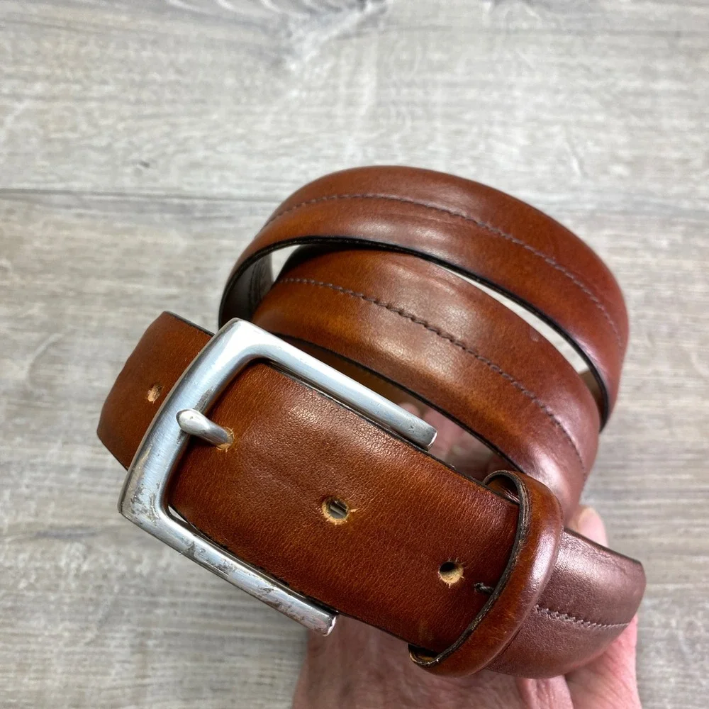 Bosca Leather Belt Mens 44 Brown Center Stitch Casual Dress Made in Canada